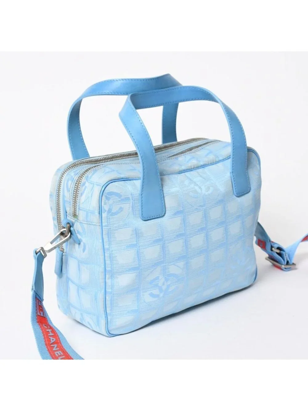 Chanel New Travel Line 2-Way Bag CC Logo Nylon Leather Blue